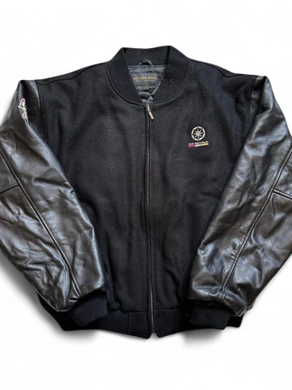 Vintage Star Wars Episode II Black Leather-Sleeve Bomber cast and crew Jacket L